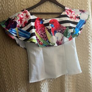 Othr White Crop Top with Vibrant Parrot Ruffle
